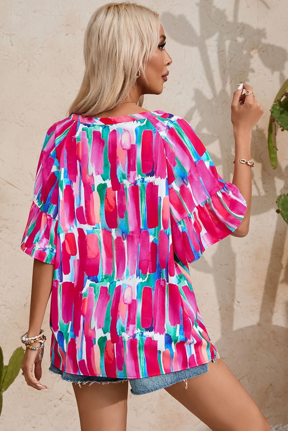 Rose Abstract Brushwork Print Buttoned V Neck Blouse - Love Salve